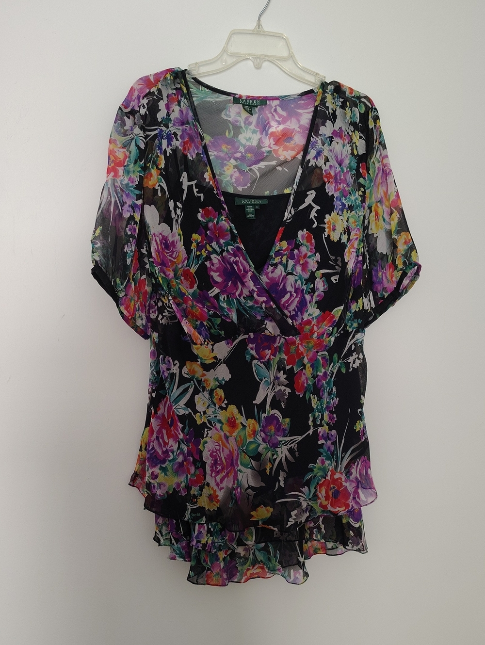 Ralph Lauren Black Sheer Floral V-Neck Blouse and Skirt Set